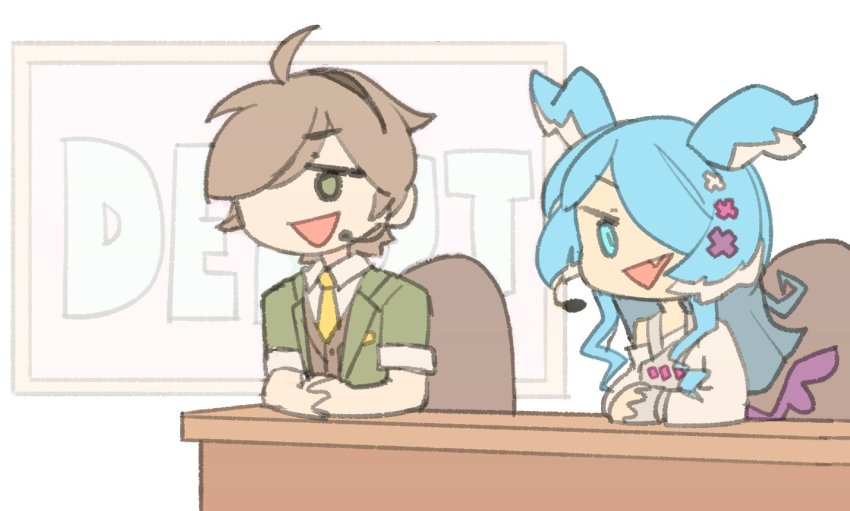 1boy, 1girl, ahoge, blue_eyes, blue_hair, brown_hair, chair, elira_pendora