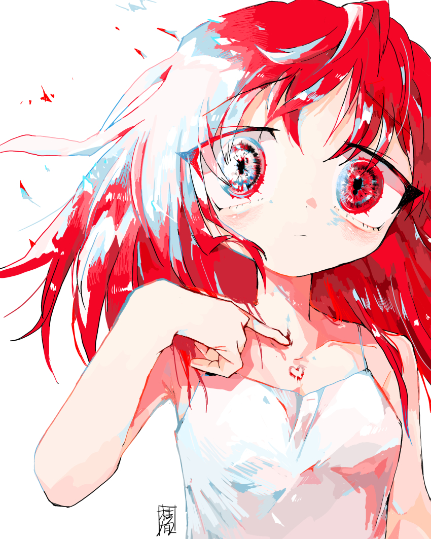 1girl, absurdres, artist_logo, backlighting, bare_arms, bare_shoulders, blood, blush