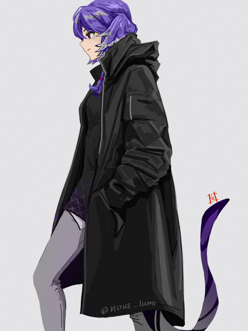 1girl, black_coat, black_shirt, closed_mouth, coat, commentary, dragon_tail, english_commentary