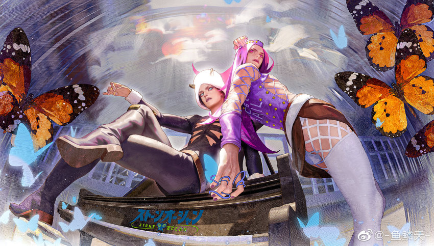 2boys, arm_behind_head, arm_on_knee, arm_support, artist_name, blue_butterfly, blue_eyes, boots