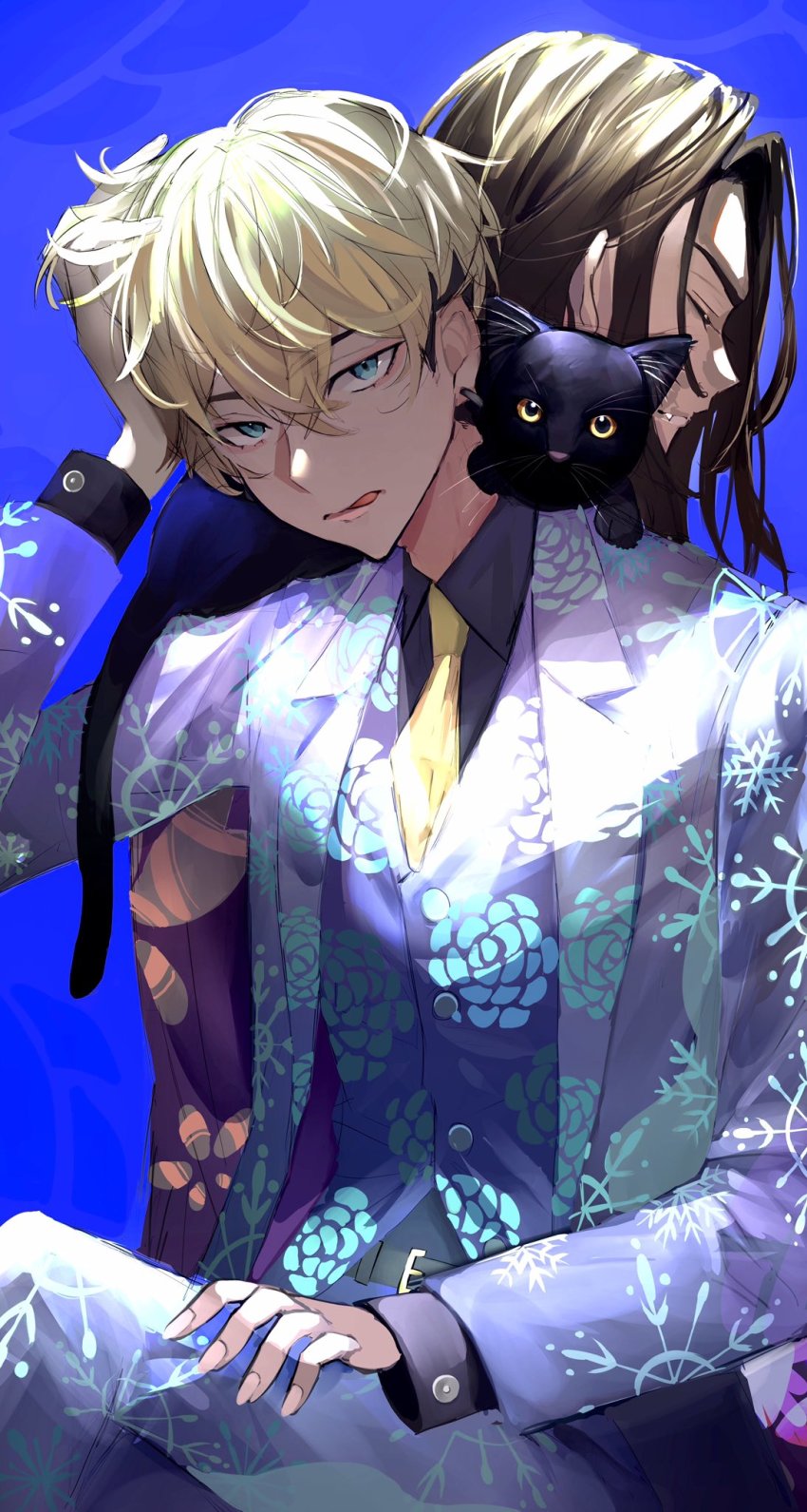 2boys, :q, animal, baji_keisuke, black_cat, black_hair, black_shirt, blonde_hair, blue_background, blue_eyes, blue_jacket, blue_pants, blue_suit, blue_vest, cat, closed_eyes, collared_shirt, cowboy_shot, dress_shirt, earrings, formal_clothes, hair_between_eyes, hand_up, highres, jacket, jewelry, long_hair, long_sleeves, looking_at_viewer, male_focus, matsuno_chifuyu, miyami_san3, multiple_boys, necktie, pants, profile, shirt, short_hair, single_earring, sitting, suit, tokyo_revengers, tongue, tongue_out, undercut, vest, yellow_necktie