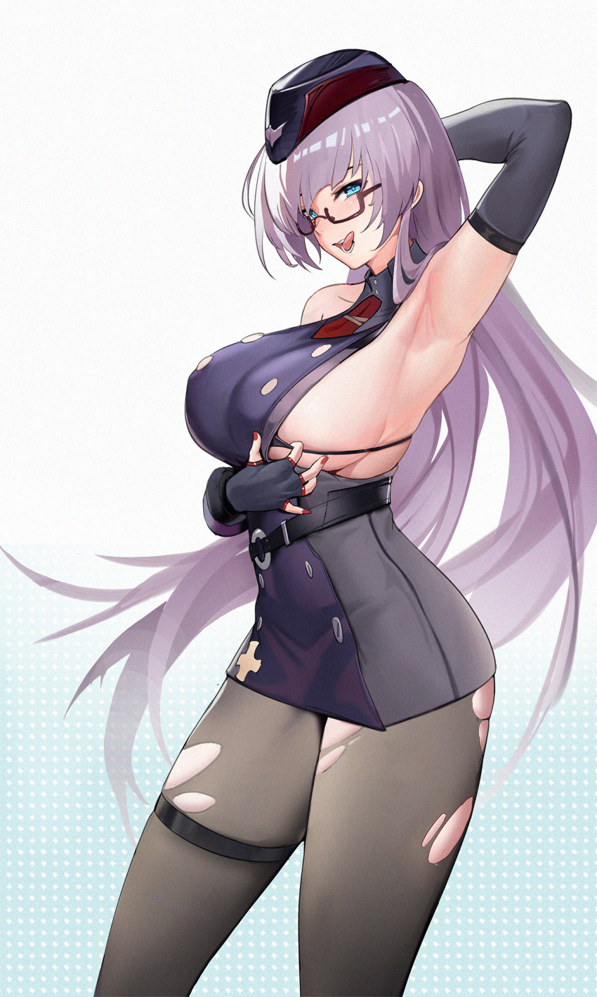 1girl, armpits, azur_lane, black_gloves, black_pantyhose, blue_eyes, blush, cbmus, cowboy_shot, dress, fingerless_gloves, glasses, gloves, gneisenau_(azur_lane), gneisenau_(meta)_(azur_lane), highres, licking_lips, long_hair, microdress, pantyhose, presenting_armpit, purple_hair, semi-rimless_eyewear, simple_background, sleeveless, sleeveless_dress, solo, thigh_strap, tongue, tongue_out, torn_clothes, torn_pantyhose, very_long_hair, white_background