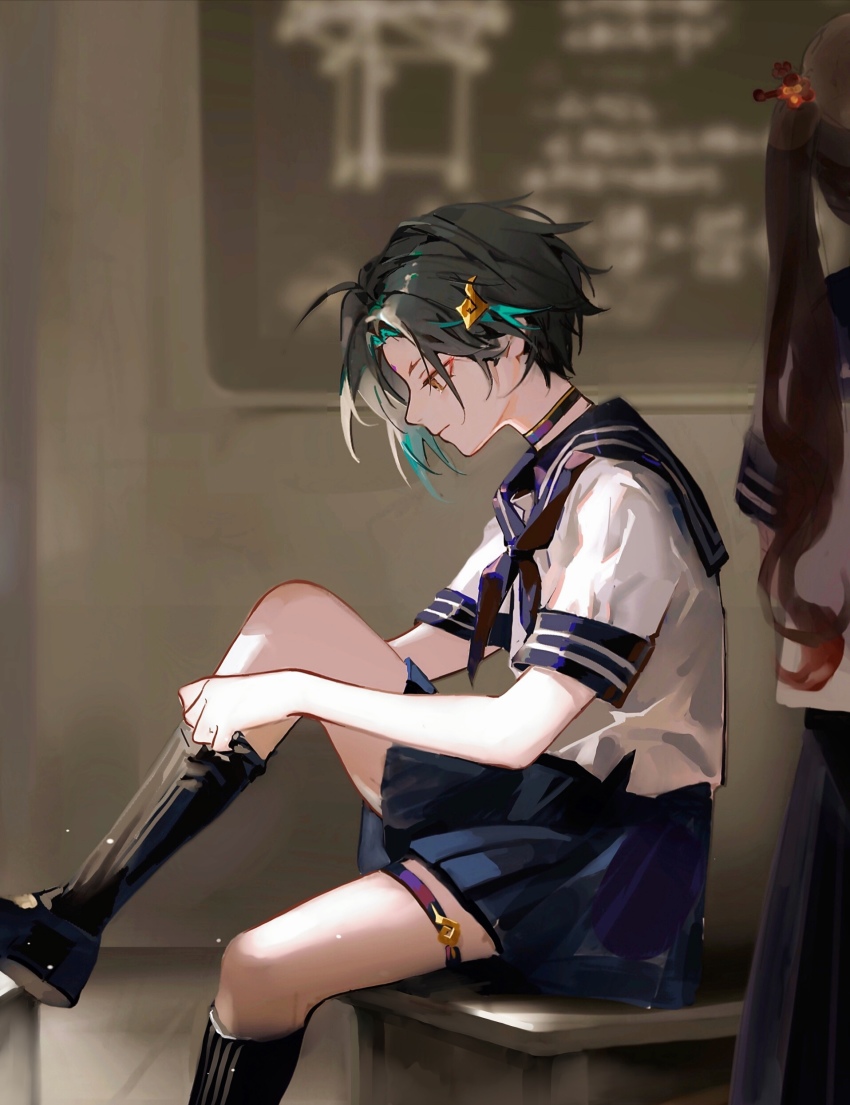 1boy, 1girl, absurdres, adjusting_clothes, adjusting_legwear, alternate_costume, aqua_hair, black_choker, black_footwear, black_hair, black_socks, brown_hair, chair, choker, closed_mouth, crossdressing, facial_mark, forehead_mark, genshin_impact, gradient_hair, hair_between_eyes, hair_ornament, highres, hu_tao_(genshin_impact), huashengmi, kneehighs, long_hair, multicolored_hair, neckerchief, pleated_skirt, sailor_collar, school_uniform, serafuku, short_sleeves, sitting, skirt, socks, thigh_strap, twintails, xiao_(genshin_impact), yellow_eyes