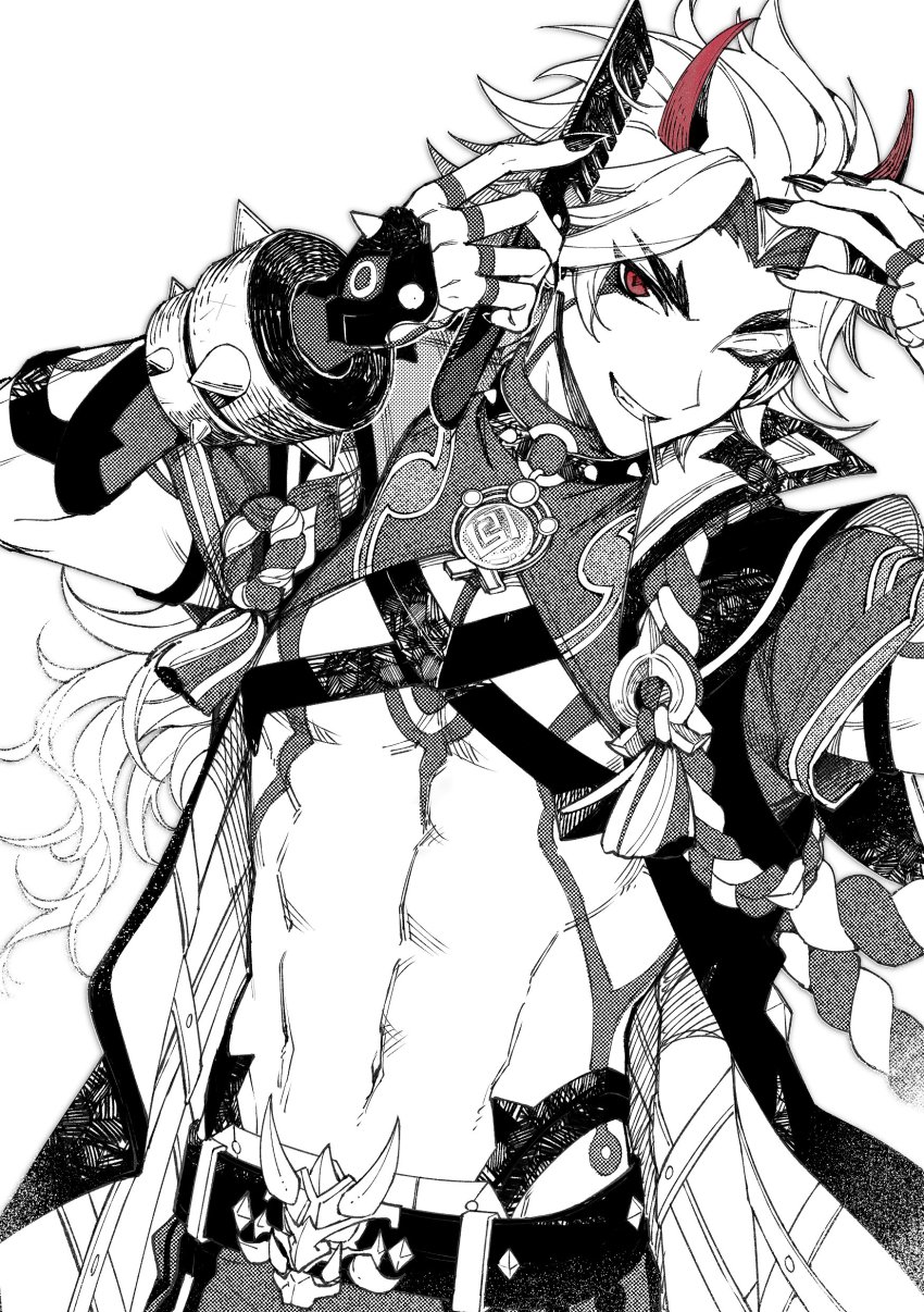 1boy, abs, absurdres, arataki_itto, belt, bodypaint, brushing_hair, choker