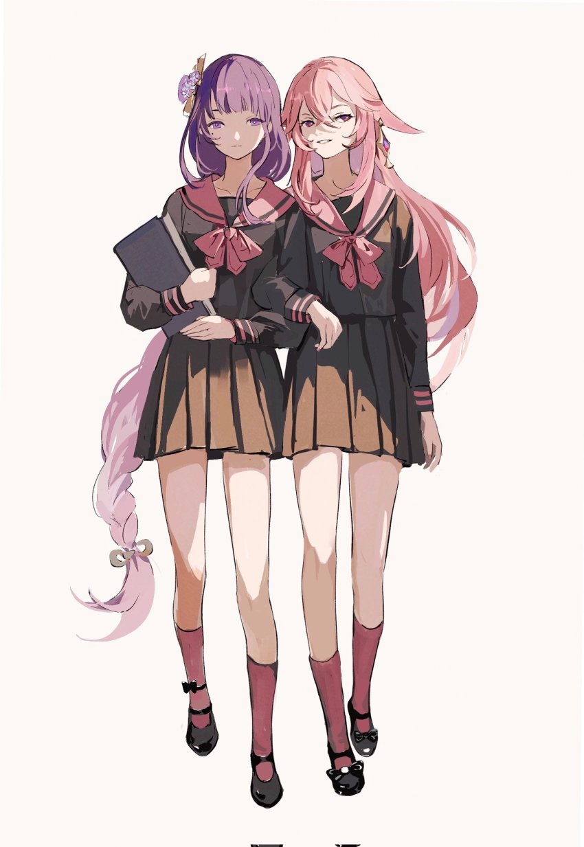2girls, alternate_costume, animal_ears, black_footwear, black_skirt, blunt_bangs, book, braid