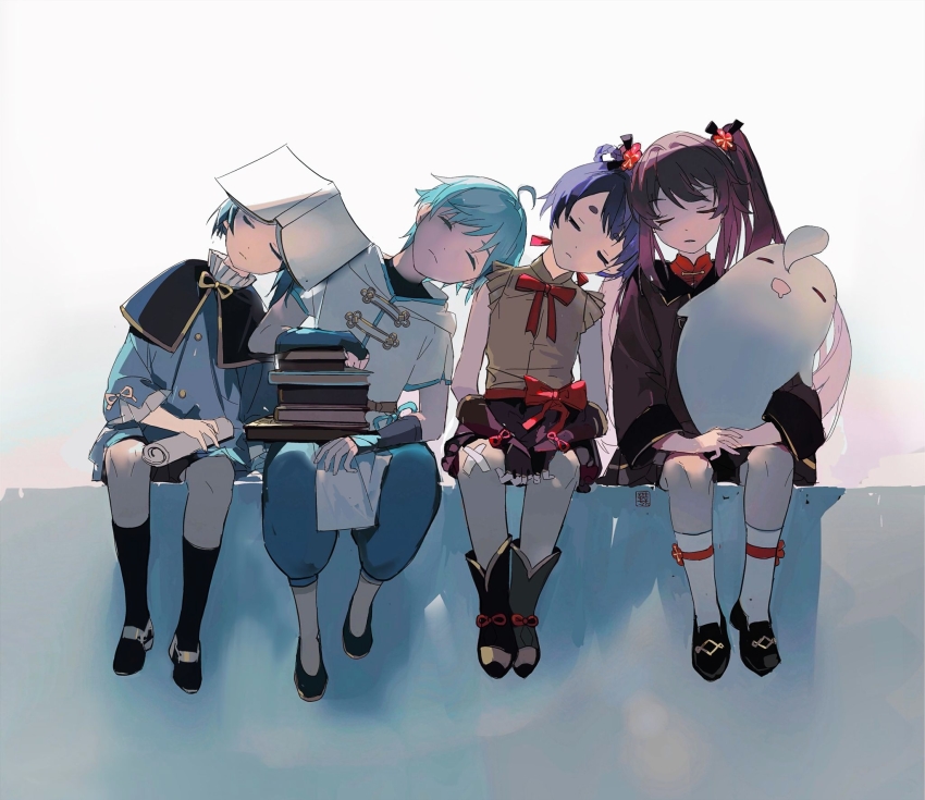 2boys, 2girls, aged_down, black_capelet, black_footwear, blue_hair, book, book_on_head