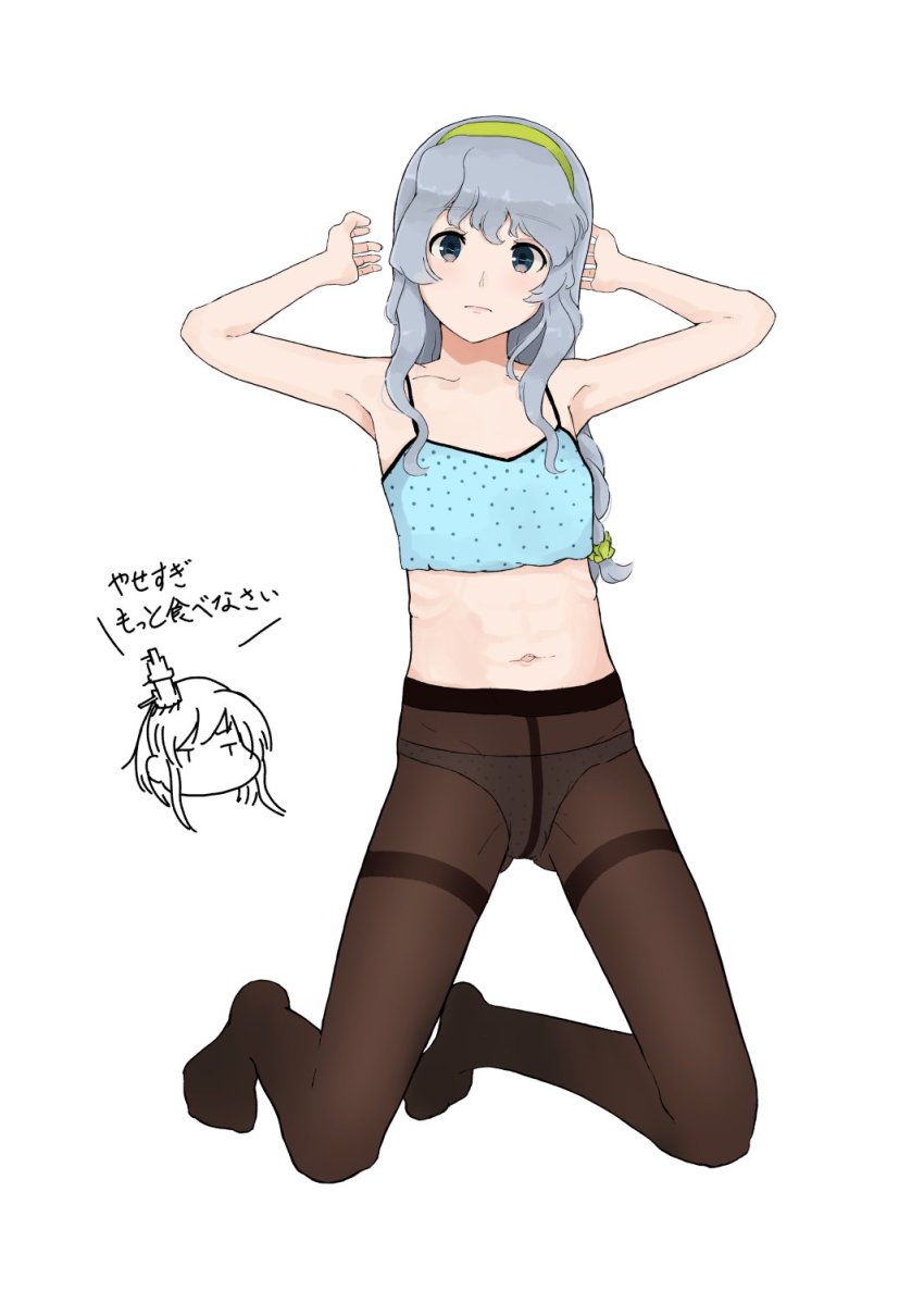 2girls, braid, camisole, green_hairband, grey_eyes, hairband, highres, kantai_collection, long_hair, looking_at_viewer, midriff, multiple_girls, nakano_kiho, panties, panties_under_pantyhose, pantyhose, polka_dot_camisole, sidelocks, silver_hair, simple_background, single_braid, solo_focus, underwear, underwear_only, wavy_hair, white_background, yamagumo_(kancolle), yamashiro_(kancolle)