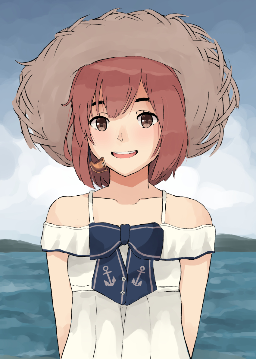blue_sky, brown_eyes, brown_hair, cloud, commentary_request, day, dress, hat