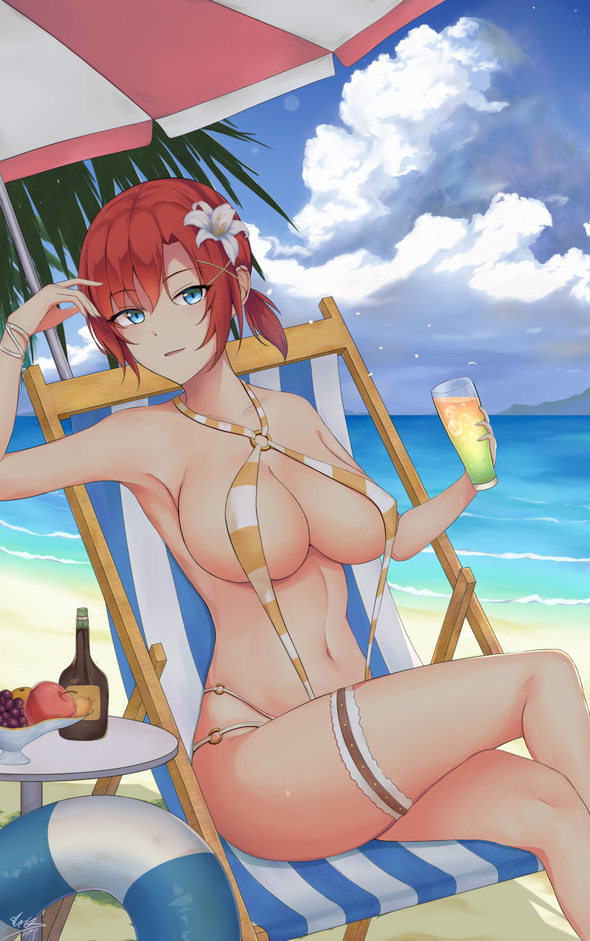 1girl, absurdres, beach, beach_chair, blue_eyes, blue_sky, boudica_(fate), breasts