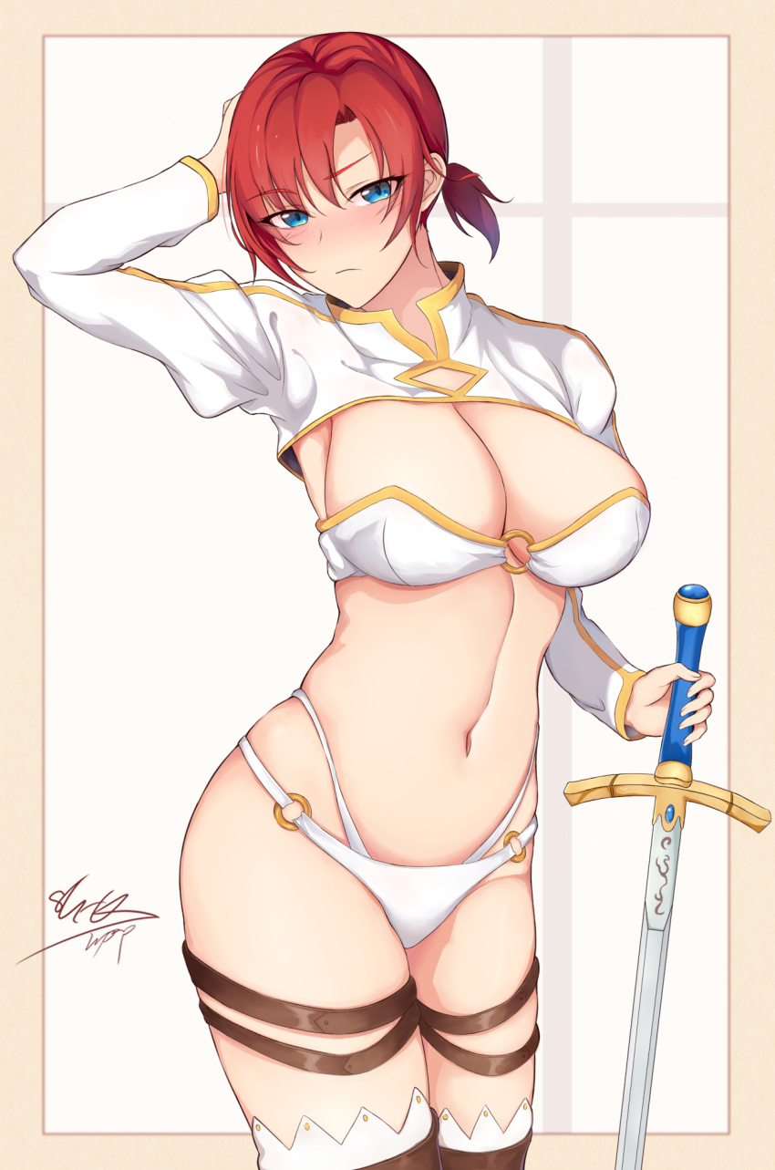 1girl, bikini, blue_eyes, blush, boots, boudica_(fate), breasts, brown_boots, cleavage, fate/grand_order, fate_(series), highres, large_breasts, long_sleeves, looking_at_viewer, navel, o-ring, ponytail, red_hair, reinaz, short_hair, short_ponytail, shrug_(clothing), solo, swimsuit, sword, thigh_boots, thigh_strap, thighhighs, thighs, weapon, white_bikini