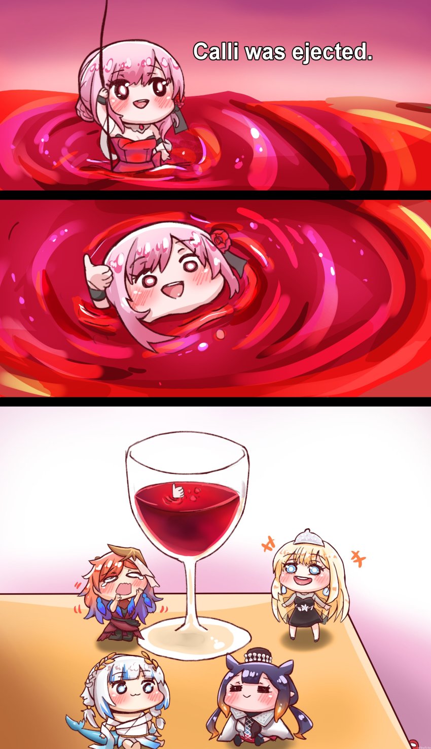 absurdres, among_us, cup, dress, drinking_glass, english_text, gawr_gura, gawr_gura_(party_dress)