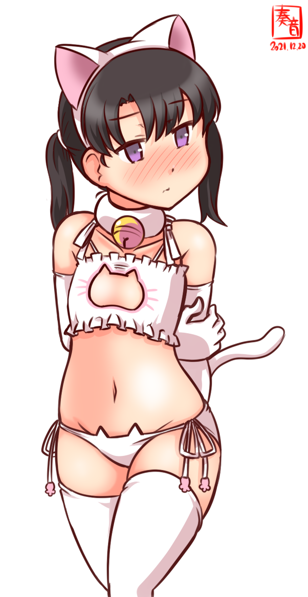 1girl, alternate_costume, artist_logo, bell, black_hair, blush, bra, cat_cutout