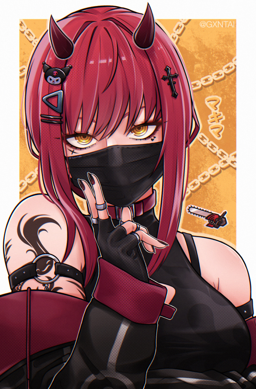 1girl, absurdres, alternate_costume, artist_name, bare_shoulders, black_nails, black_shirt, breasts, chain, chainsaw_man, choker, cross, fingerless_gloves, gantai-_(gxntai), gloves, highres, horns, jewelry, long_hair, looking_at_viewer, makima_(chainsaw_man), mask, medium_breasts, mouth_mask, nail_polish, red_hair, ring, ringed_eyes, shirt, solo, tattoo, yellow_background, yellow_eyes