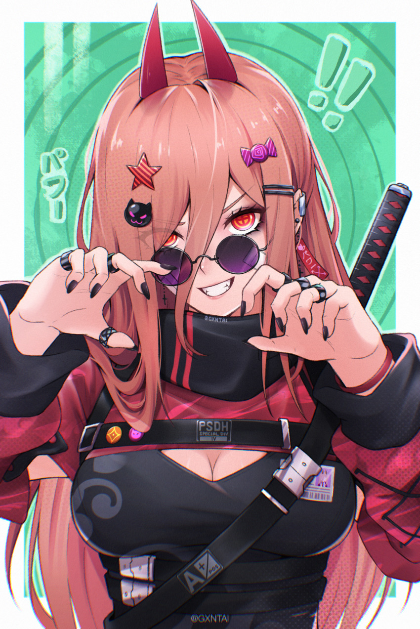 +_+, 1girl, alternate_costume, artist_name, black_nails, black_shirt, breasts, chainsaw_man, cleavage, cross-shaped_pupils, demon_girl, demon_horns, gantai-_(gxntai), green_background, hair_between_eyes, highres, horns, jacket, jewelry, long_hair, looking_at_viewer, looking_over_eyewear, looking_over_glasses, medium_breasts, nail_polish, pin, pink_hair, power_(chainsaw_man), purple-tinted_eyewear, red_eyes, red_horns, ring, sharp_teeth, shirt, smile, solo, sunglasses, sword, symbol-shaped_pupils, teeth, tinted_eyewear, weapon