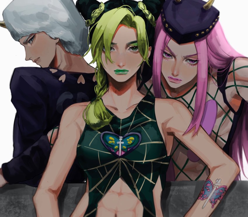 1girl, 2boys, abs, green_lips, highres, jojo_no_kimyou_na_bouken, kuujou_jolyne, long_hair, looking_at_viewer, multiple_boys, narciso_anasui, navel, pink_eyes, pink_hair, profile, sideways_glance, simple_background, sriokorr, stone_ocean, tattoo, weather_report, white_background