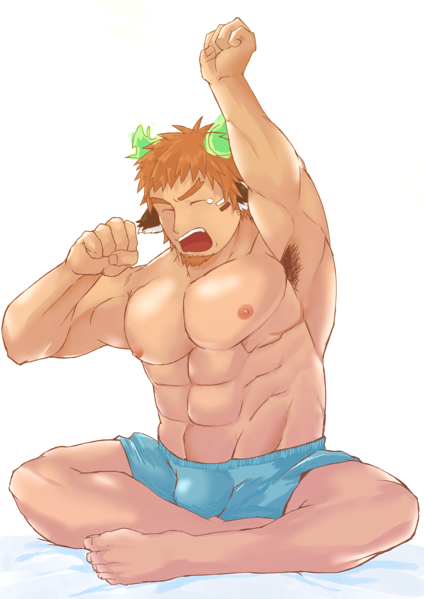 1boy, abs, animal_ears, armpit_hair, armpits, bara, blue_male_underwear, boxers