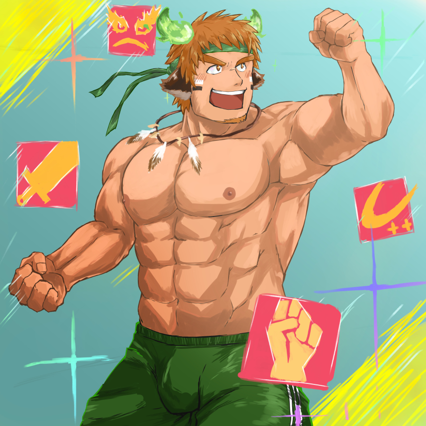 1boy, :d, abs, alternate_costume, animal_ears, bara, biceps, blush