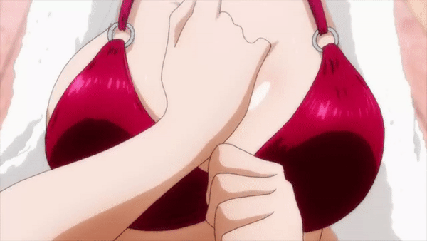 1girl, active_raid, active_raid_kidou_kyoushuushitsu_dai_hakkei, animated, animated_gif, bikini, bouncing_breasts, breast_focus, breasts, cleavage, close-up, hand_on_own_chest, kazari_asami, large_breasts, screencap, swimsuit, towel