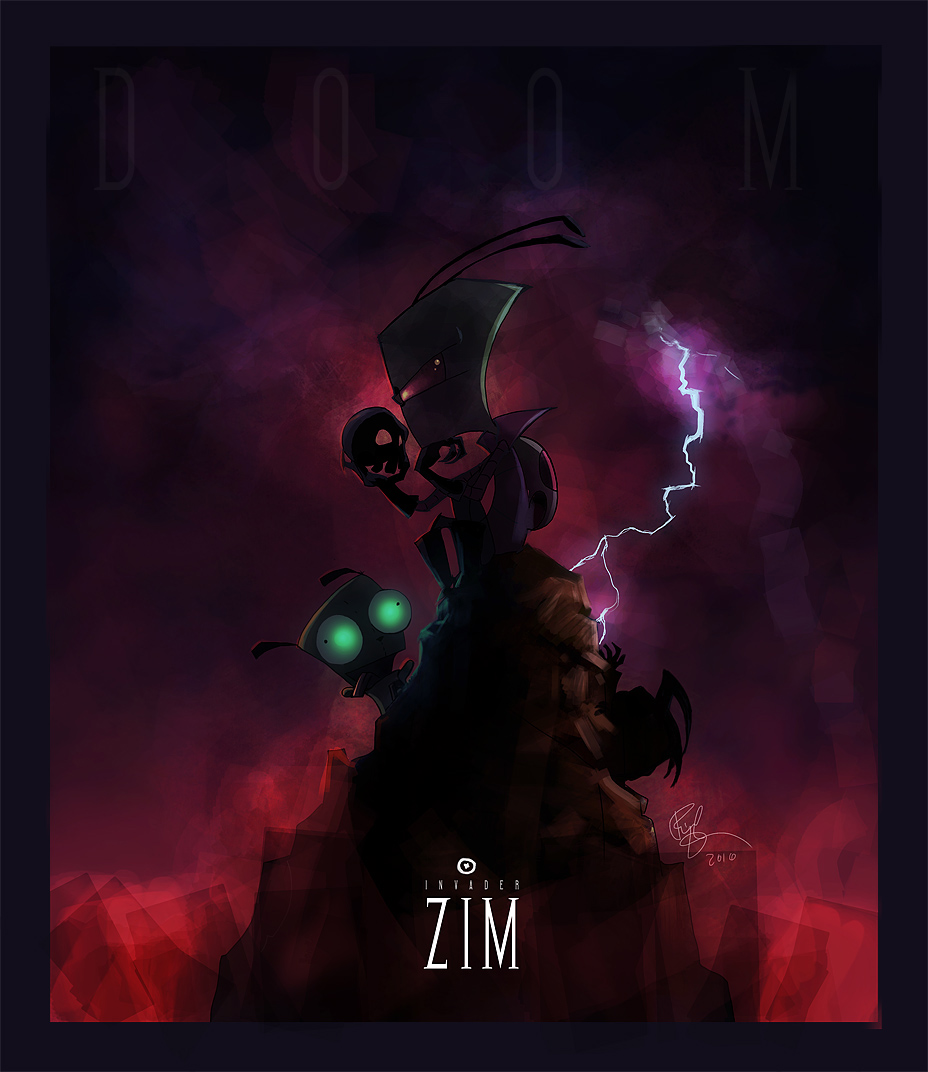 ahoge, alien, antennae, backpack, bag, character_name, cloud, copyright_name, dated, dib_(invader_zim), gir_(invader_zim), gir_(robot)_(invader_zim), green_eyes, holding, holding_skull, invader_zim, lightning, phil_dragash, pink_eyes, signature, silhouette, skull, zim_(invader_zim)