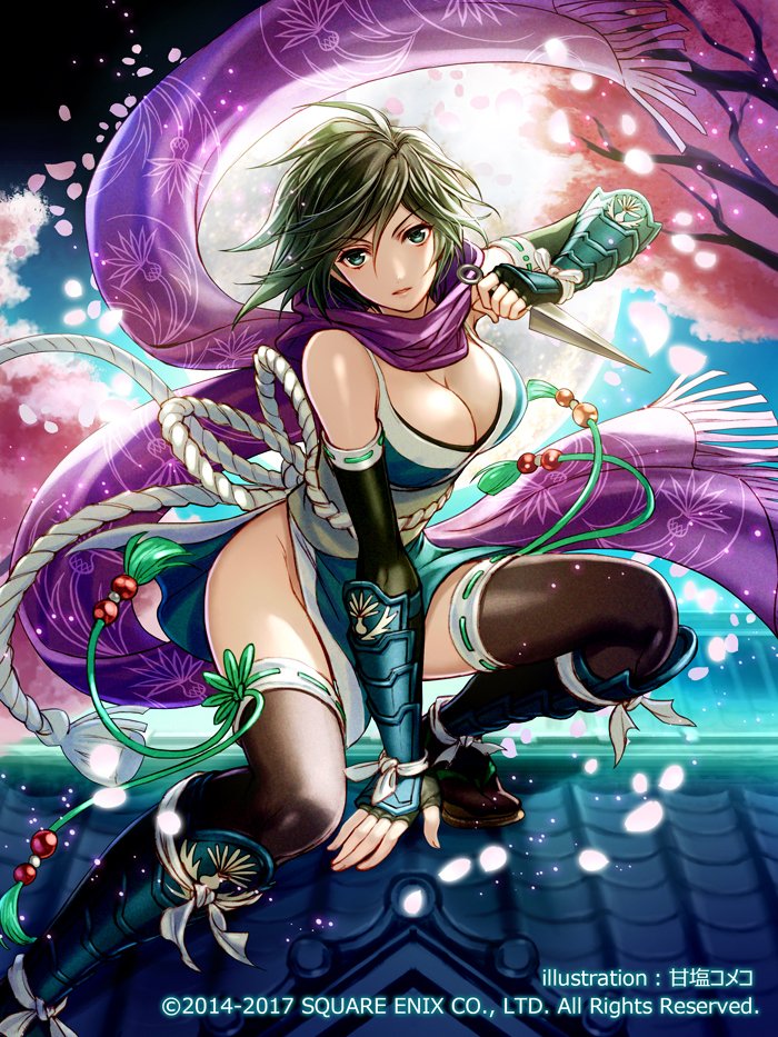 1girl, amazio_komeko, azami_(saga), black_hair, black_thighhighs, blue_eyes, breasts, cleavage