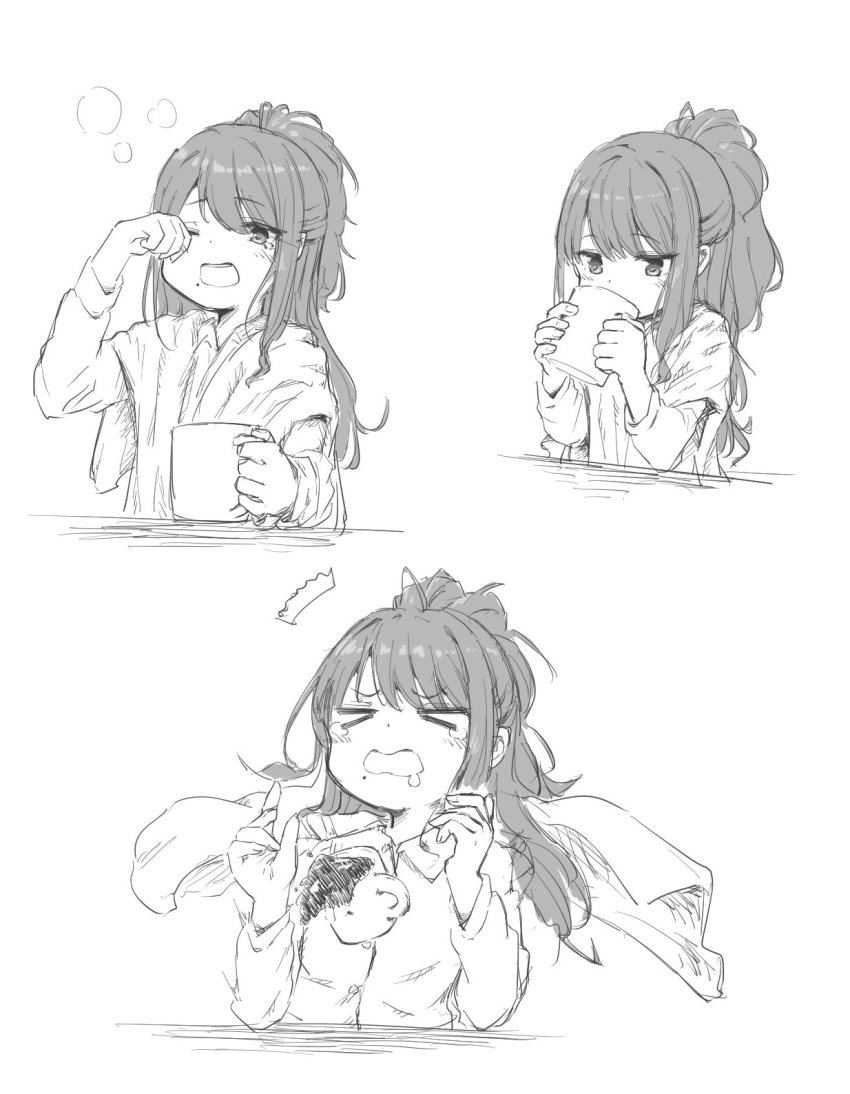 >_<, 1girl, ^^^, bitter, coffee, coffee_mug, cup, drinking, drooling, greyscale, high_ponytail, highres, holding, holding_cup, idolmaster, idolmaster_shiny_colors, kazano_hiori, mole, mole_under_mouth, monochrome, mouth_drool, mug, multiple_views, noname_(jvgt14), ponytail, rubbing_eyes, shawl, simple_background, sleepy, spilling, squeans, tears, upper_body, yawning
