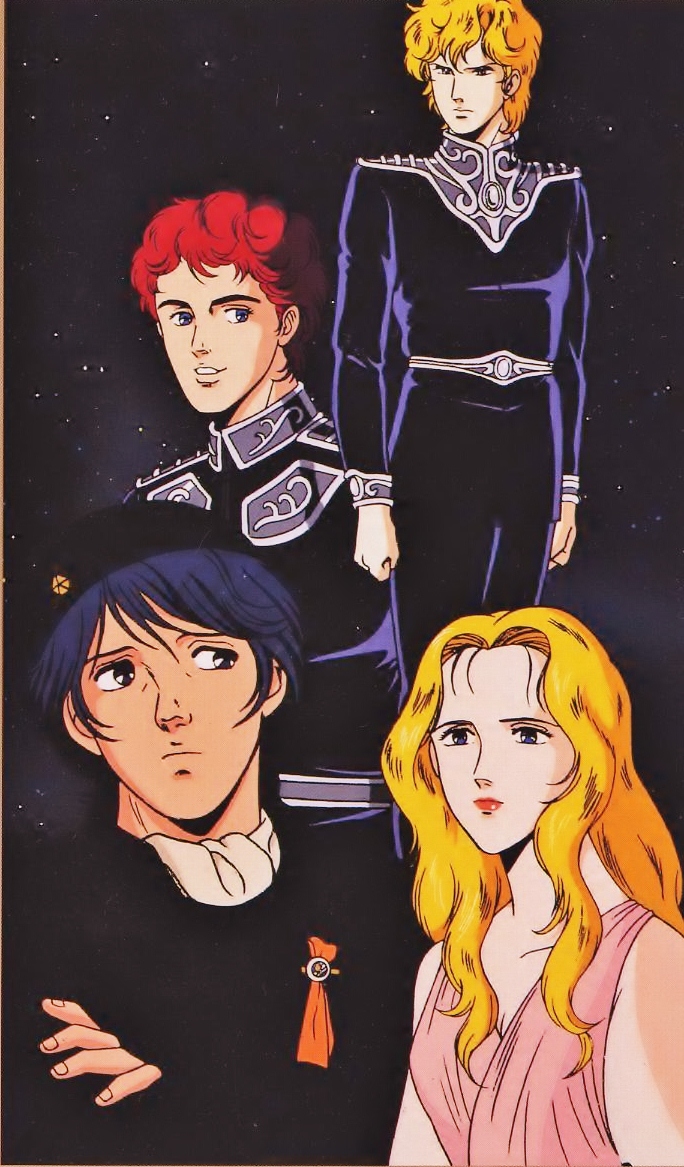 1girl, 3boys, 80s, age_difference, annerose_von_grunewald, black_hair, blonde_hair, blue_eyes, crossed_arms, ginga_eiyuu_densetsu, happy, hat, lipstick, long_hair, makeup, military, military_hat, military_uniform, multiple_boys, official_art, okuda_matsuri, oldschool, red_hair, red_lips, reinhard_von_lohengramm, retro_artstyle, short_hair, siegfried_kircheis, smile, teeth, worried, yang_wen-li