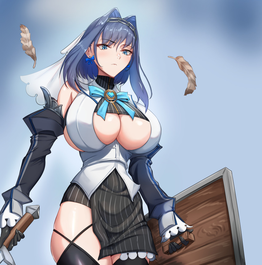 1girl, absurdres, black_gloves, black_shirt, black_thighhighs, blue_eyes, blue_hair, blue_ribbon, bow, bow_earrings, breasts, chain, chain_headband, cleavage, closed_mouth, commentary, cowboy_shot, crop_top, detached_sleeves, earrings, expressionless, falling_feathers, feathers, gloves, hair_between_eyes, hair_intakes, head_chain, heart, heart-shaped_pupils, highres, holding, holding_shield, holding_weapon, hololive, hololive_english, huge_breasts, jewelry, medium_hair, minecraft_shield, miniskirt, neck_ribbon, ouro_kronii, ribbon, shield, shirt, skindentation, skirt, solo, striped_clothes, striped_shirt, striped_skirt, symbol-shaped_pupils, thighhighs, thighs, underboob, undershirt, veil, vertical-striped_clothes, vertical-striped_shirt, vertical-striped_skirt, virtual_youtuber, weapon, white_shirt, zenya, zipper