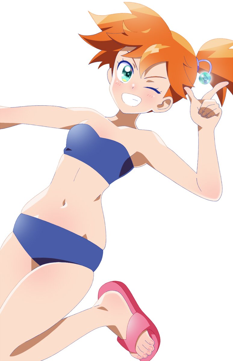 1girl, armpits, bikini, blue_bikini, blush, breasts, eyelashes, flip-flops