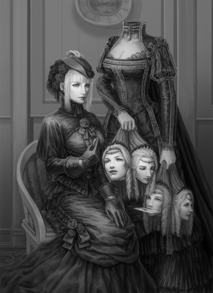 2girls, angel, black_dress, breasts, chinese_commentary, cleavage, coin, commentary_request, dress, flower, gloves, greyscale, hair_flower, hair_ornament, hand_on_own_knee, hat, highres, holding, holding_coin, jewelry, letter, lips, long_sleeves, looking_at_viewer, lord_of_the_mysteries, mimangcheng, monochrome, multiple_girls, multiple_heads, necklace, portrait, reinette_tinekerr, retro_artstyle, rose, seat, severed_head, sharron_(lord_of_the_mysteries), sitting, tiara, victorian, wall