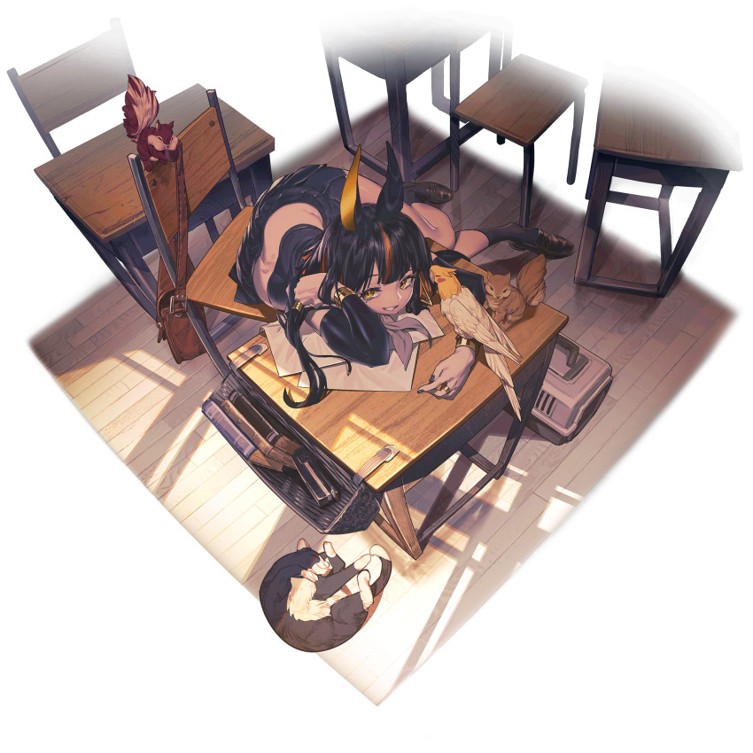 1girl, animal_ears, animal_on_arm, bird, bird_on_arm, black_hair, black_nails, black_shirt