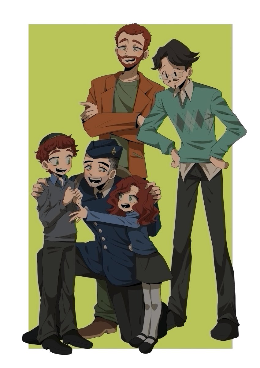 1girl, 4boys, absurdres, aged_up, beard, black_hair, blue_eyes, brother_and_sister