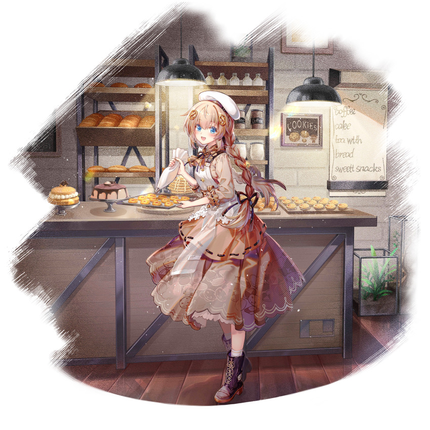 1girl, :d, apron, bakery, baking, blue_eyes, boots, braid