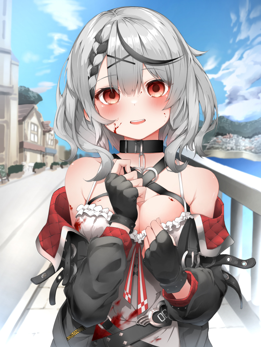 1girl, absurdres, bare_shoulders, black_collar, black_gloves, black_hair, black_jacket, blood