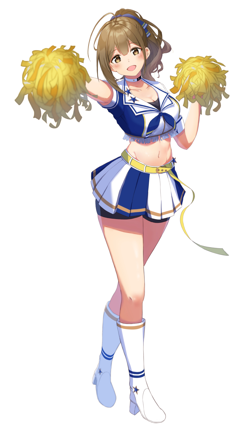 1girl, absurdres, ahoge, aoi_momiji, bike_shorts, boots, brown_eyes, brown_hair, cheerleader, choker, full_body, highres, idolmaster, idolmaster_shiny_colors, kuwayama_chiyuki, looking_at_viewer, miniskirt, navel, open_mouth, pom_pom_(cheerleading), sailor_collar, simple_background, skirt, smile, solo, standing, white_background, white_boots