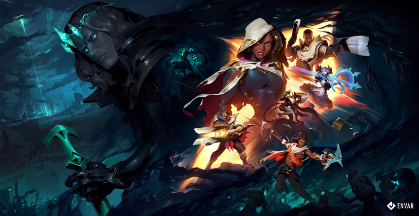 3girls, 5boys, abs, akshan_(league_of_legends), army, beard, black_pants, black_skin, blue_eyes, blue_hair, bow_(weapon), breasts, brown_hair, closed_mouth, colored_skin, creature, crossbow, crown, dark-skinned_female, dark-skinned_male, dark_skin, demon, dress, drill_hair, facial_hair, gloves, glowing, glowing_eyes, graves_(league_of_legends), grin, gun, gwen_(league_of_legends), highres, holding, holding_gun, holding_lamp, holding_scissors, holding_sword, holding_weapon, hood, hood_up, large_breasts, league_of_legends, light, long_hair, long_sleeves, lucian_(league_of_legends), multiple_boys, multiple_girls, navel, official_alternate_costume, pants, scissors, senna_(league_of_legends), short_hair, smile, snatti, sword, thresh_(league_of_legends), tower, twin_drills, twintails, vayne_(league_of_legends), viego_(league_of_legends), weapon, white_dress