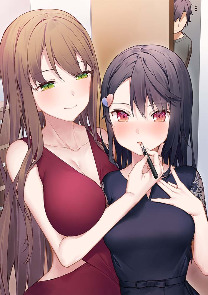 1boy, 2girls, black_dress, blush, brown_hair, closed_mouth, collarbone, commentary_request