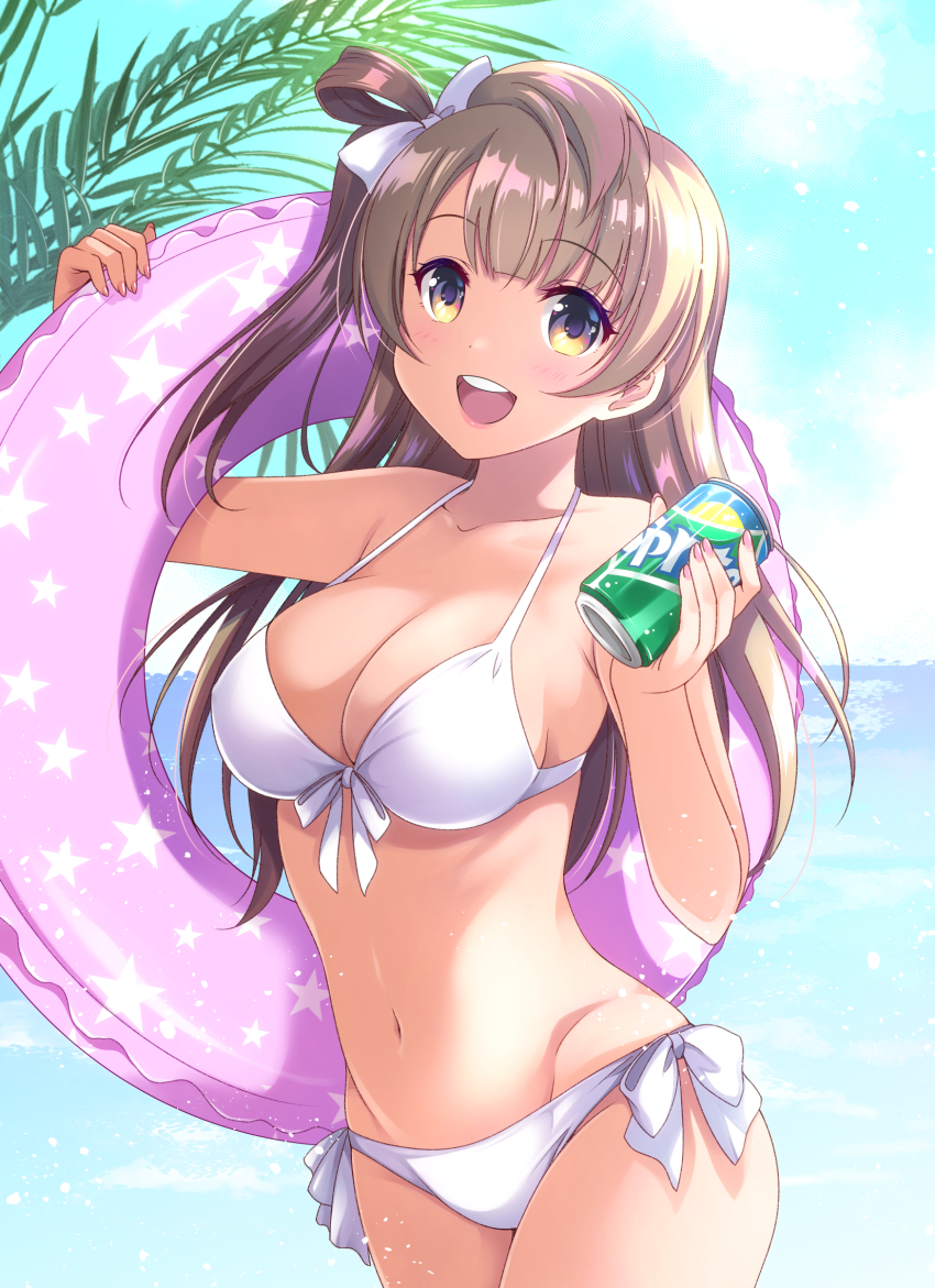 1girl, absurdres, bikini, blue_sky, breasts, brown_hair, can, commentary_request