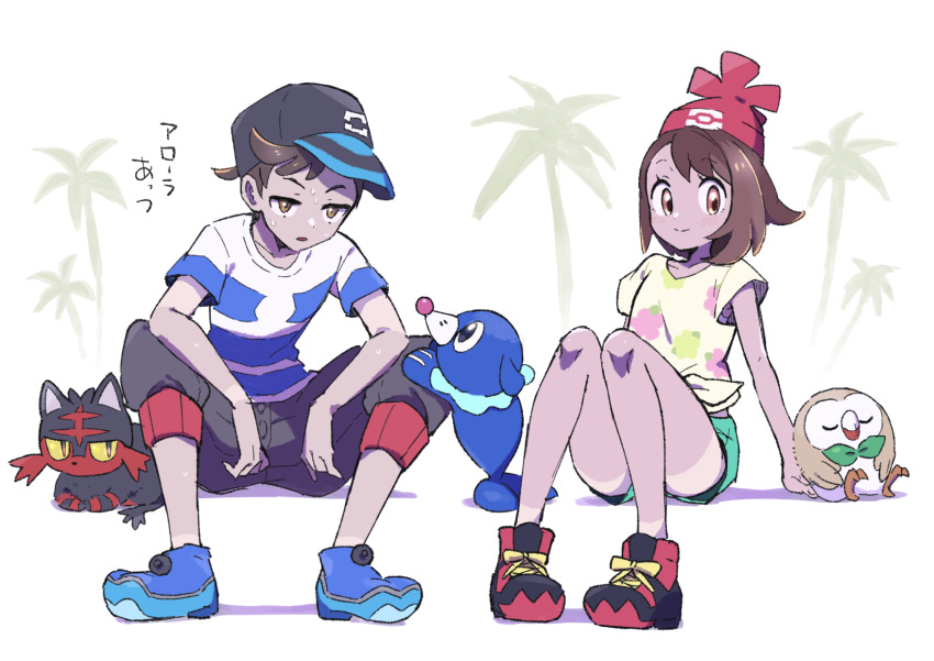 1boy, 1girl, arm_support, baseball_cap, beanie, black_headwear, blue_footwear, brown_eyes