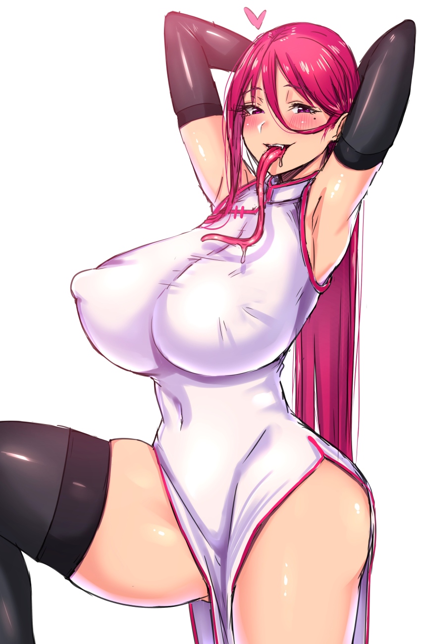 1girl, absurdres, armpits, arms_up, black_thighhighs, blush, bouhatei_(t-back), breasts