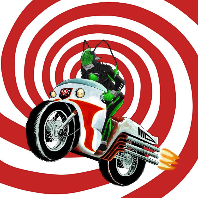 1boy, aikawa_hajime, antennae, card, cyclone_(kamen_rider), cyclone_(weather), joker_(blade), joker_(playing_card), kamen_rider, kamen_rider_(1st_series), kamen_rider_blade_(series), kamen_rider_w, male_focus, mantis_undead, monster, motor_vehicle, motorcycle, parody, playing_card, pun, red_background, renma_reo, riding, solo, spikes, spiral_background, two-tone_background, white_background