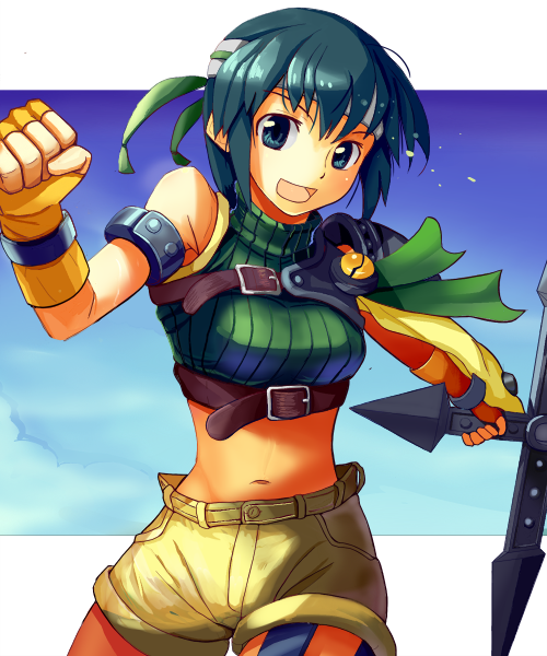 1990s_(style), 1girl, aqua_hair, armband, armor, bad_id, bad_pixiv_id, bare_shoulders, belt, black_hair, blue_eyes, ddd, ddd_(oid065j125bwz), female_focus, final_fantasy, final_fantasy_vii, fingerless_gloves, gloves, headband, i_(deichi), midriff, navel, open_mouth, running, short_hair, shorts, shuriken, sky, sleeveless, sleeveless_turtleneck, smile, solo, sweat, turtleneck, weapon, yuffie_kisaragi