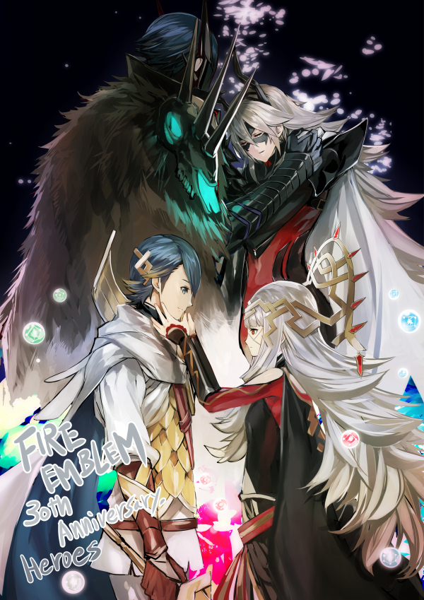 2boys, 2girls, alfonse_(fire_emblem), anniversary, armor, back, belt, black_armor, black_cape, black_dress, black_horns, black_mask, blonde_hair, blue_eyes, blue_hair, blunt_bangs, breastplate, brown_belt, brown_gloves, cape, closed_eyes, closed_mouth, clothing_cutout, commentary_request, copyright_name, domino_mask, dress, english_text, eye_mask, fire_emblem, fire_emblem_heroes, from_side, fur_cape, gauntlets, gloves, gold_trim, gradient_hair, grey_hair, hair_between_eyes, hair_ornament, hands_on_another's_face, headpiece, height_difference, holding, holding_sword, holding_weapon, horned_mask, horns, lif_(fire_emblem), long_hair, long_sleeves, mask, multicolored_hair, multiple_boys, multiple_girls, nanathuika, nintendo, pants, red_belt, red_eyes, red_sleeves, scale_armor, shirt, short_hair, shoulder_armor, shoulder_cutout, sidelocks, skull, smile, sword, thrasir_(fire_emblem), two-tone_hair, veronica_(fire_emblem), very_long_hair, weapon, white_cape, white_pants, white_shirt