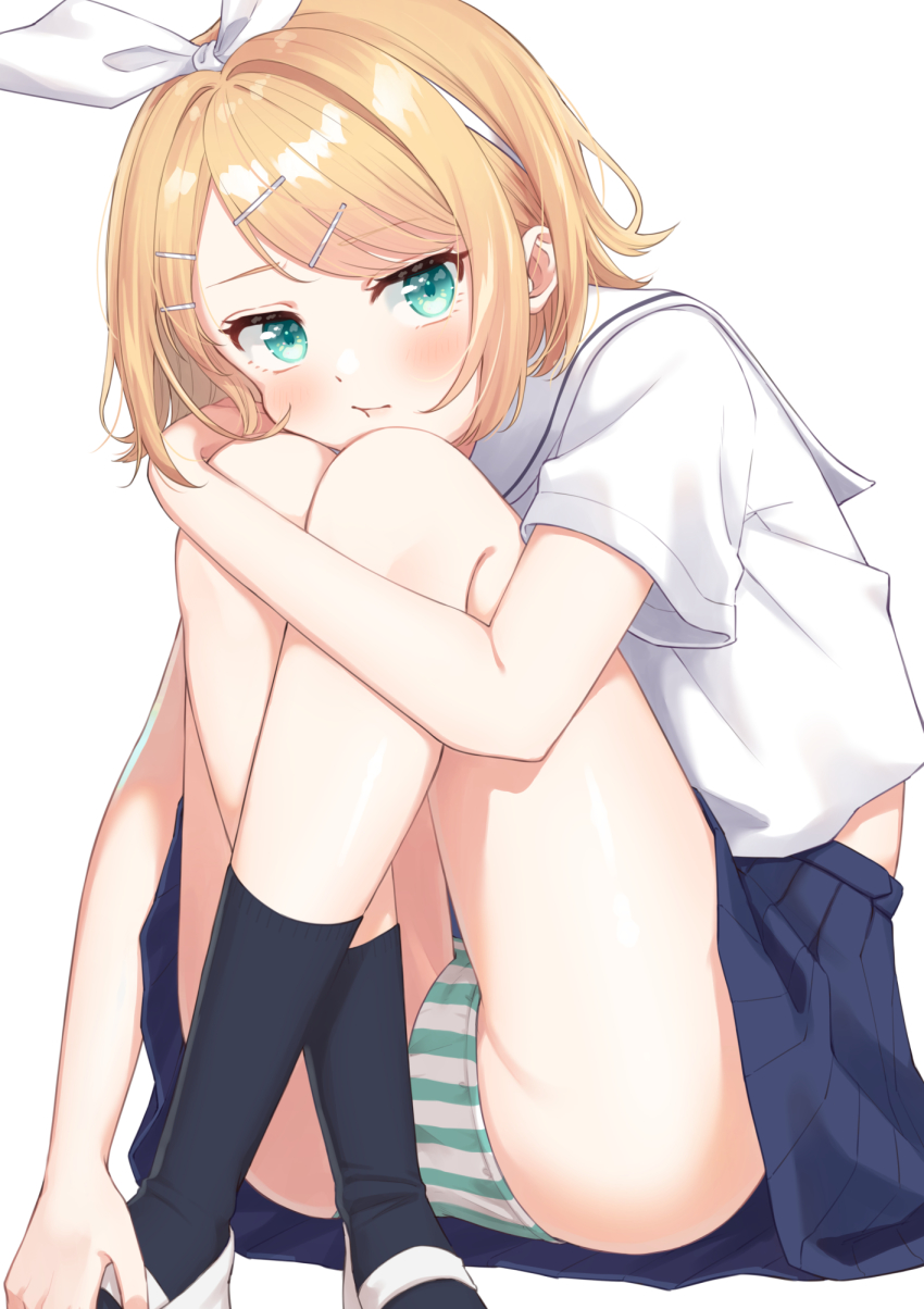 1girl, aqua_eyes, bare_legs, black_socks, blonde_hair, blue_skirt, blush, bow