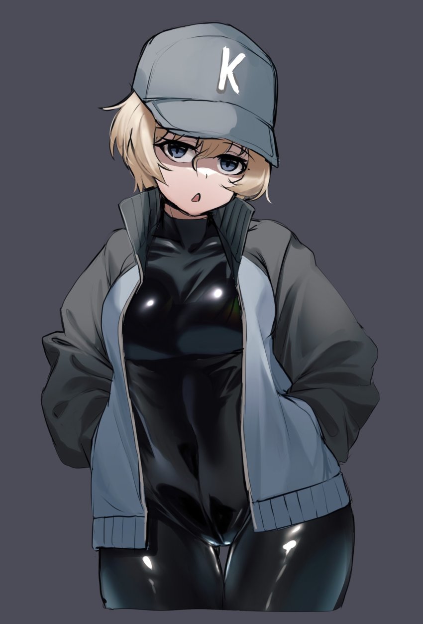 1girl, baseball_cap, black_bodysuit, blonde_hair, blue_eyes, blue_jacket, bodysuit, bodysuit_under_clothes