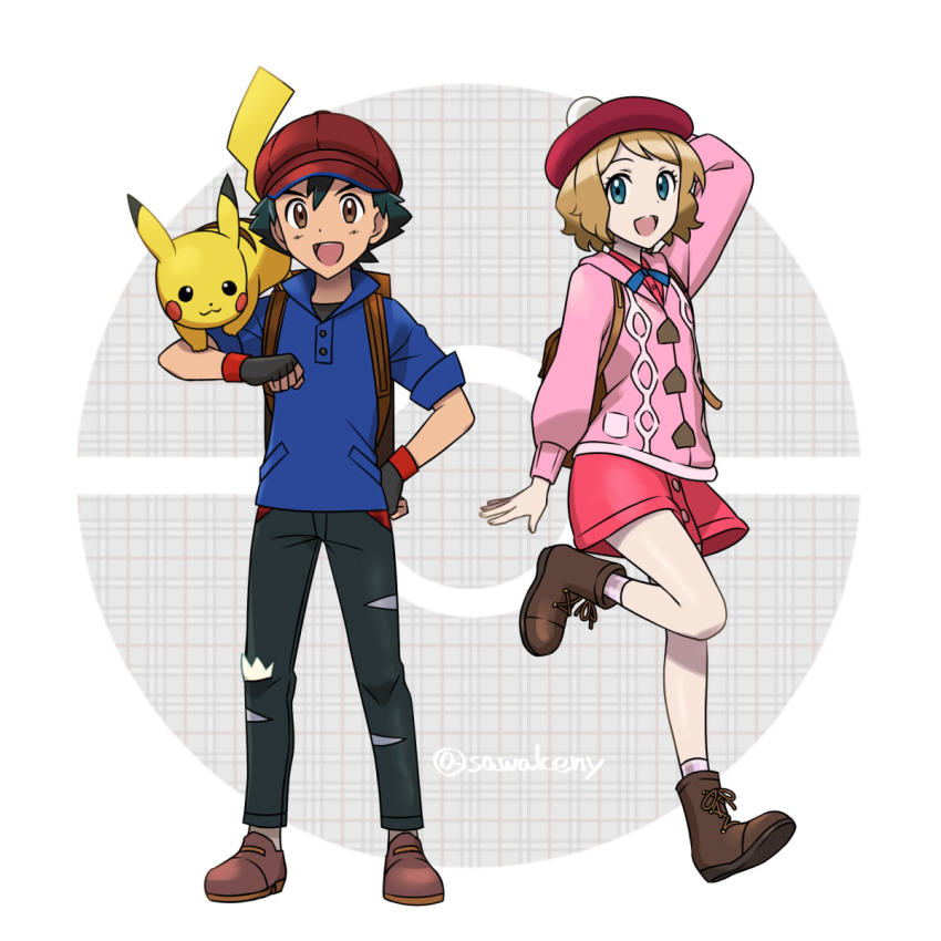 1boy, 1girl, arm_up, ash_ketchum, black_gloves, black_hair, black_pants, blue_eyes