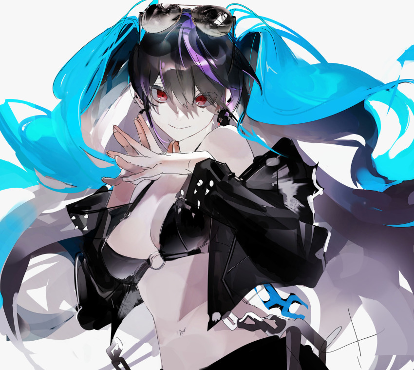absurdres, alternate_eye_color, alternate_hair_color, bikini, bikini_top_only, black_hair, black_jacket, black_rock_shooter