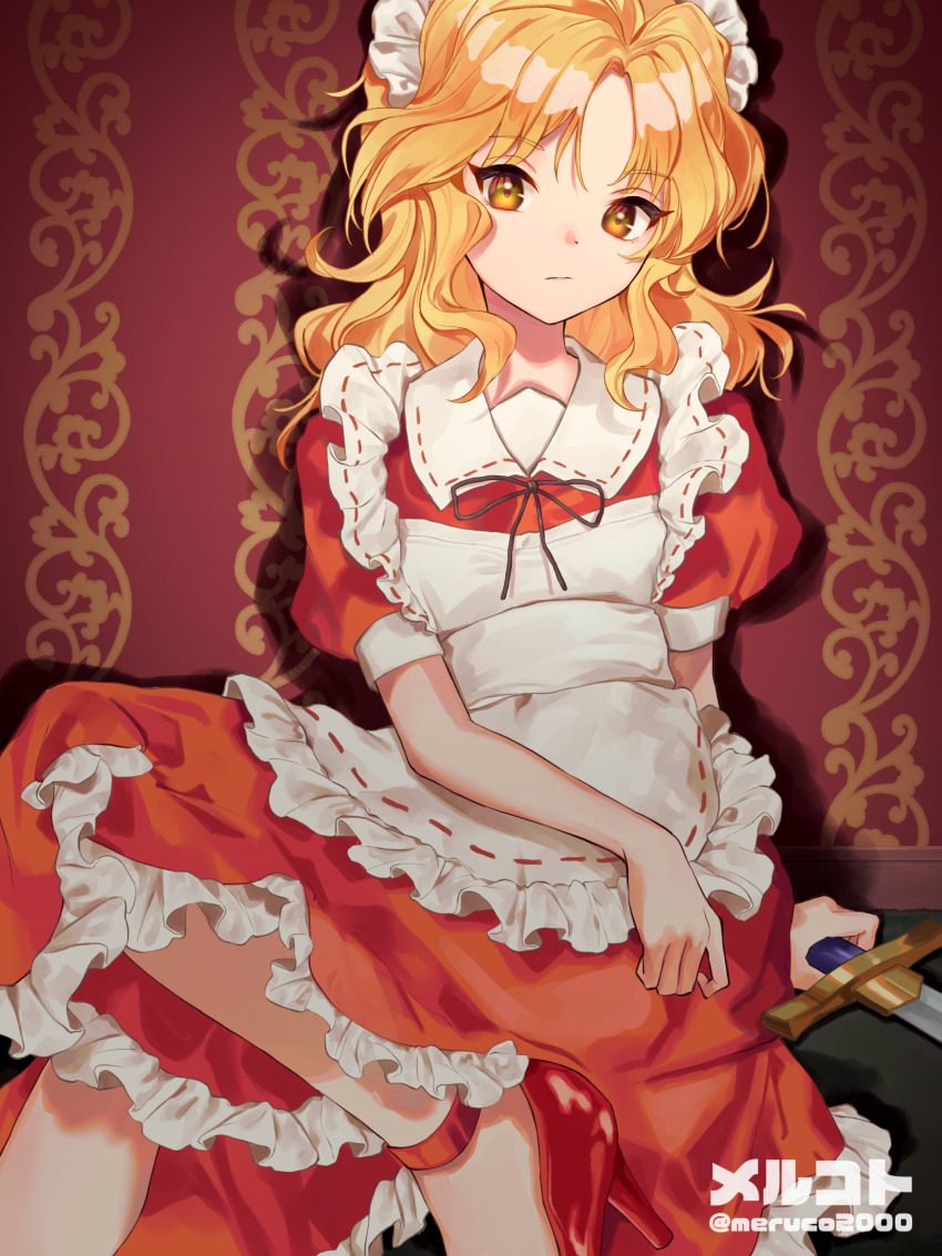 1girl, absurdres, apron, black_ribbon, blonde_hair, closed_mouth, collared_dress, commentary_request, commission, dress, frilled_apron, frilled_dress, frills, high_heels, highres, holding, holding_sword, holding_weapon, long_hair, maid, maid_apron, maid_headdress, merukoodo, puffy_short_sleeves, puffy_sleeves, red_dress, red_footwear, ribbon, ribbon-trimmed_collar, ribbon_trim, short_sleeves, skeb_commission, sword, touhou, touhou_(pc-98), wavy_hair, weapon, white_apron, yellow_eyes, yumeko_(touhou)