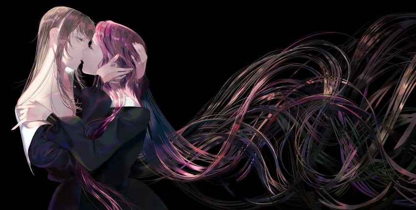 2girls, black_background, black_dress, brown_hair, couple, dress, floating_hair, half-closed_eyes, hara_yuriko, highres, kiss, long_hair, long_sleeves, mayu_matou, multiple_girls, off_shoulder, purple_hair, school_uniform, simple_background, upper_body, very_long_hair, wavy_hair, yuri