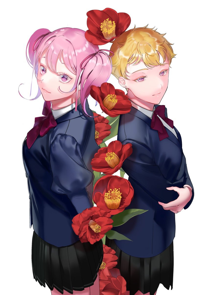 2girls, :3, absurdres, arms_behind_back, back-to-back, black_skirt, blazer, blonde_hair