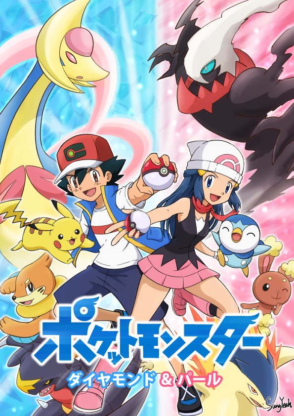1boy, 1girl, ash_ketchum, baseball_cap, beanie, black_hair, black_shirt, blouse
